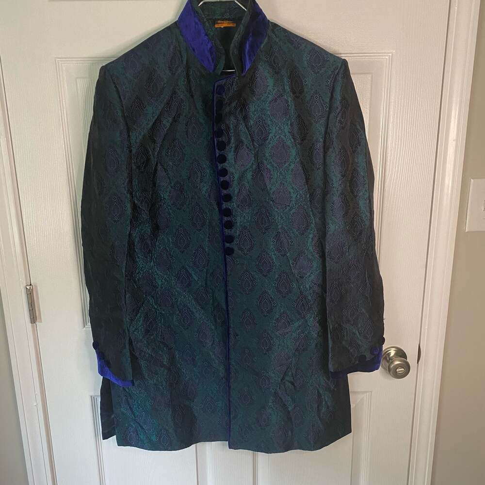 Manyavar Peacock Blue Jacquard Indo Western Bandhgala Jacket